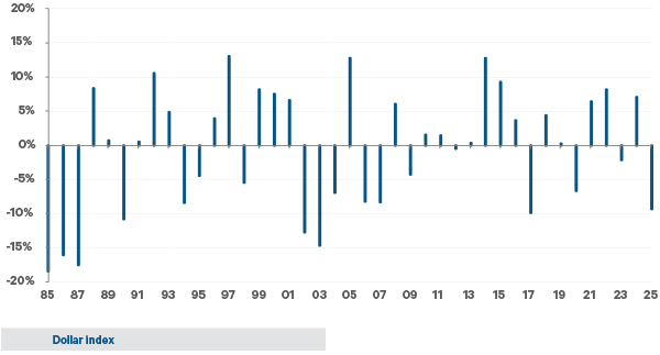 This chart shows 2025 in perspective – annual dollar performance back to the 1980s