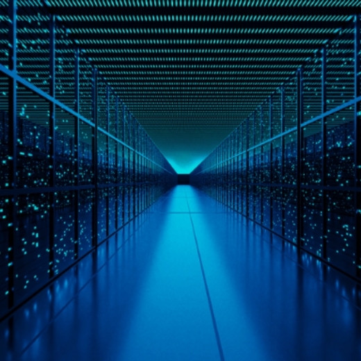 A room full of technology machines with blue lights